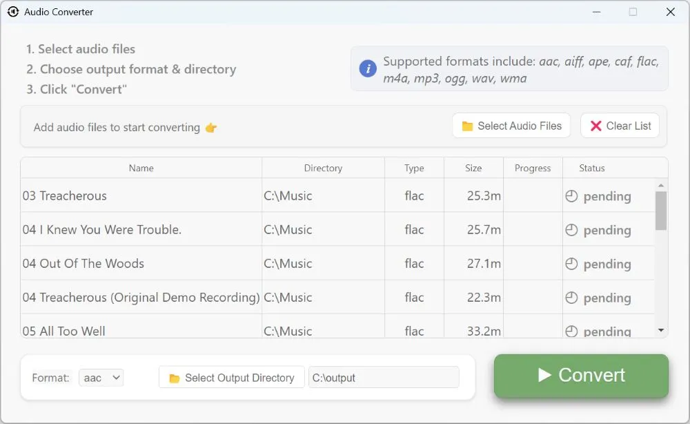 Choose output audio format such as MP3, WAV or FLAC